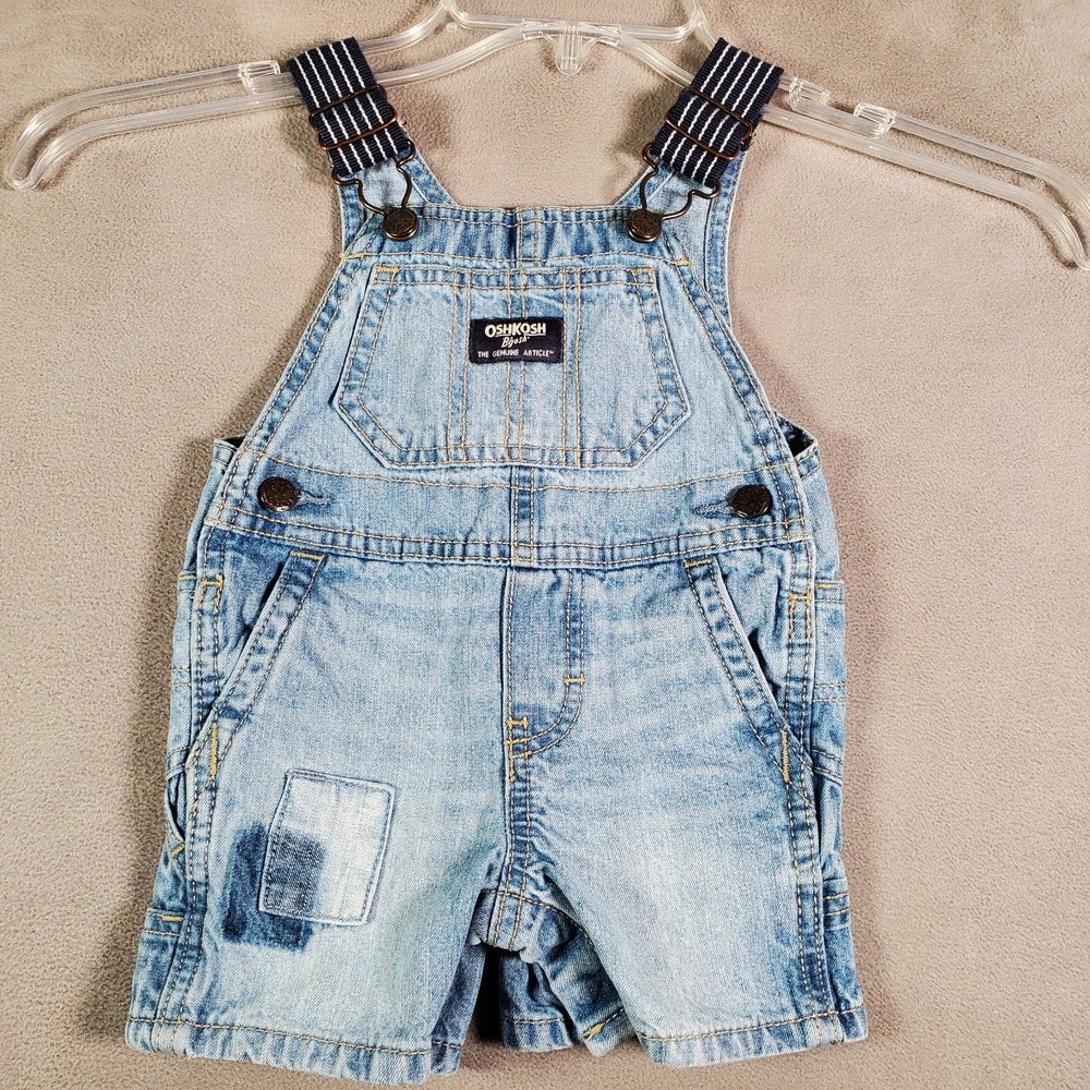 Osh Kosh B'Gosh Denim Bib Overalls Baby Size 9 Months‎ Blue Patchwork Shortalls